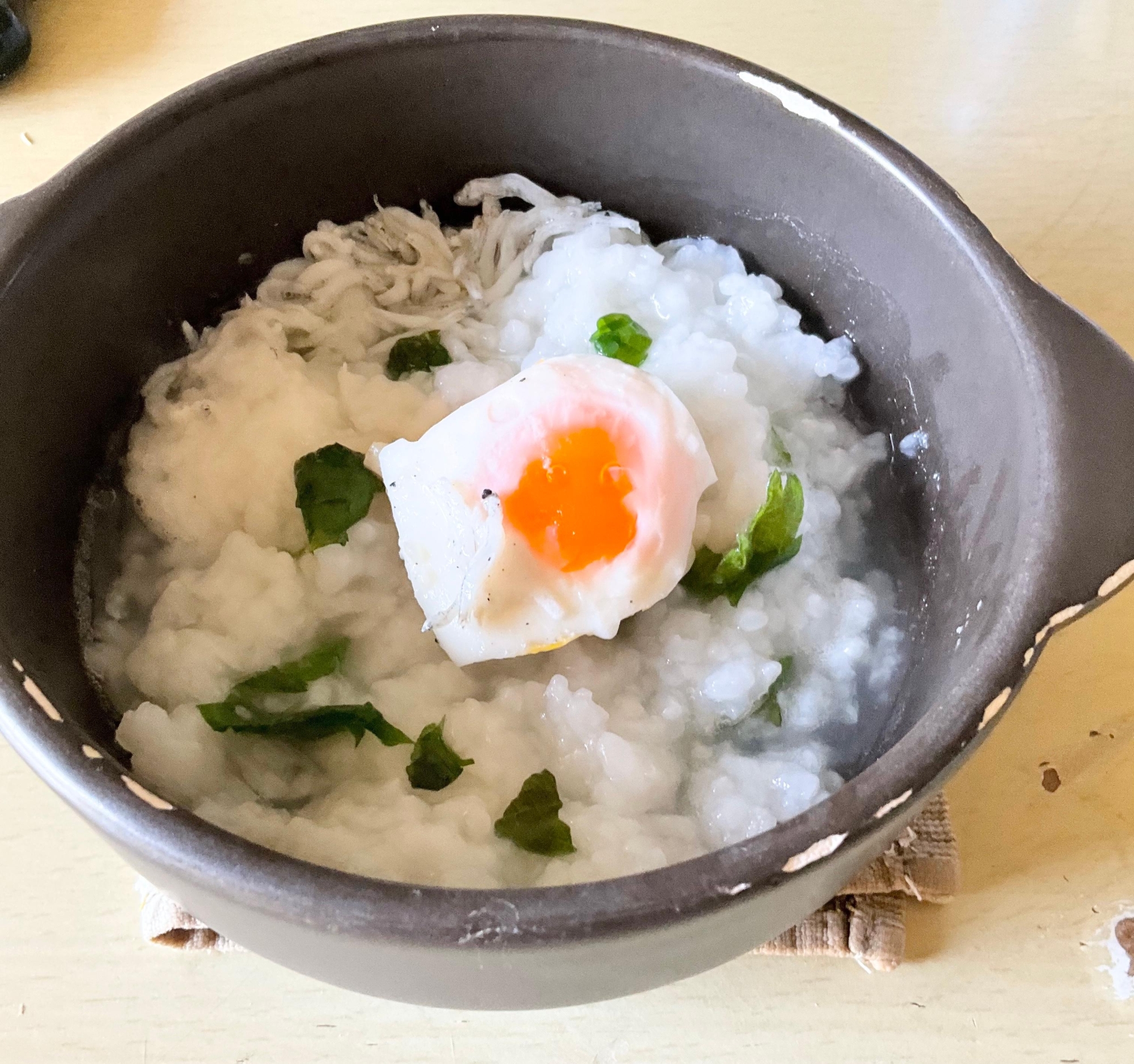 たまご乗せ☆しらす大葉入りおかゆ♪