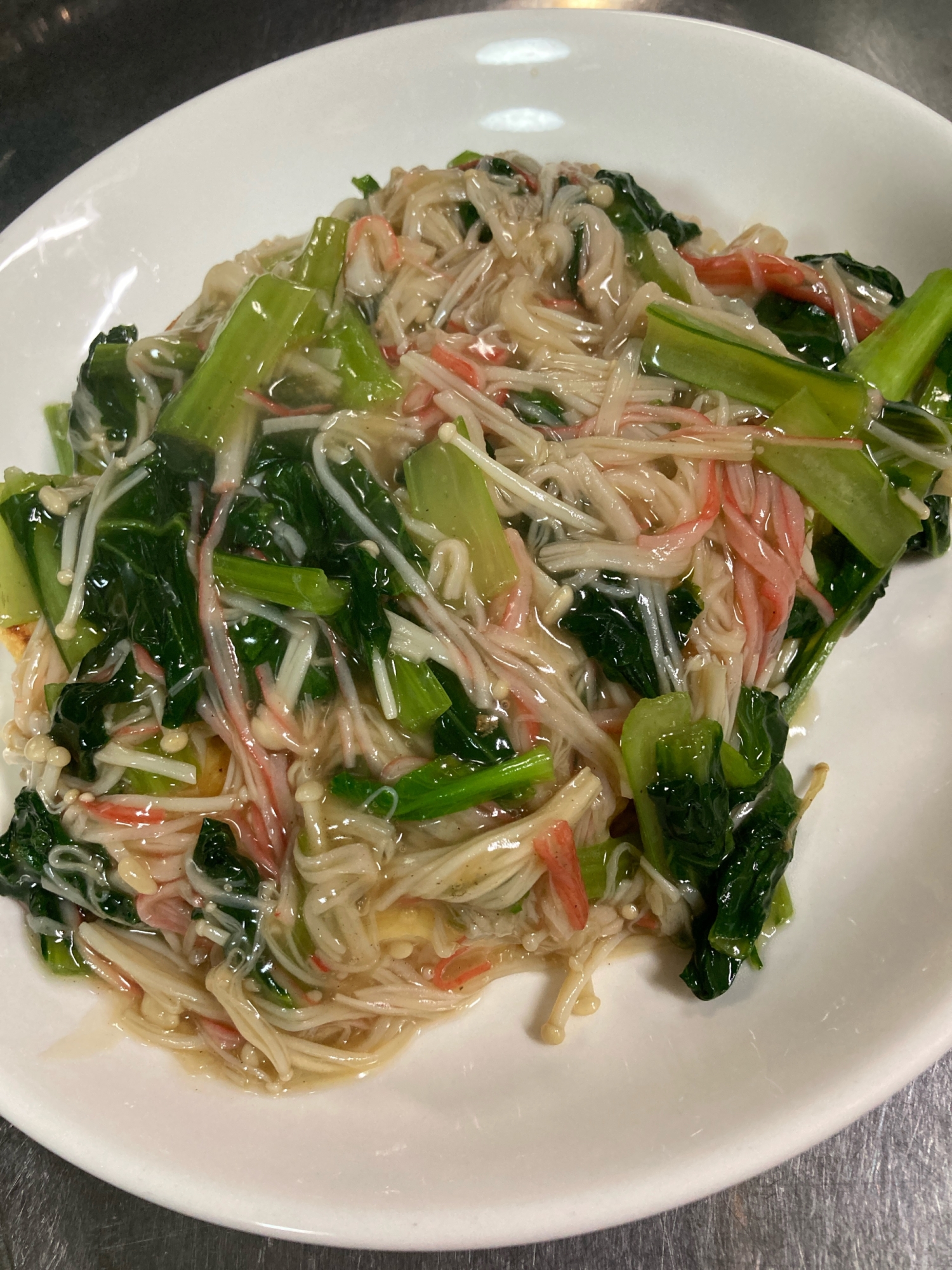 厚揚げの小松菜、えのき、かにかまのあんかけ