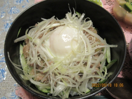 温泉卵をのせて！肉みそ丼