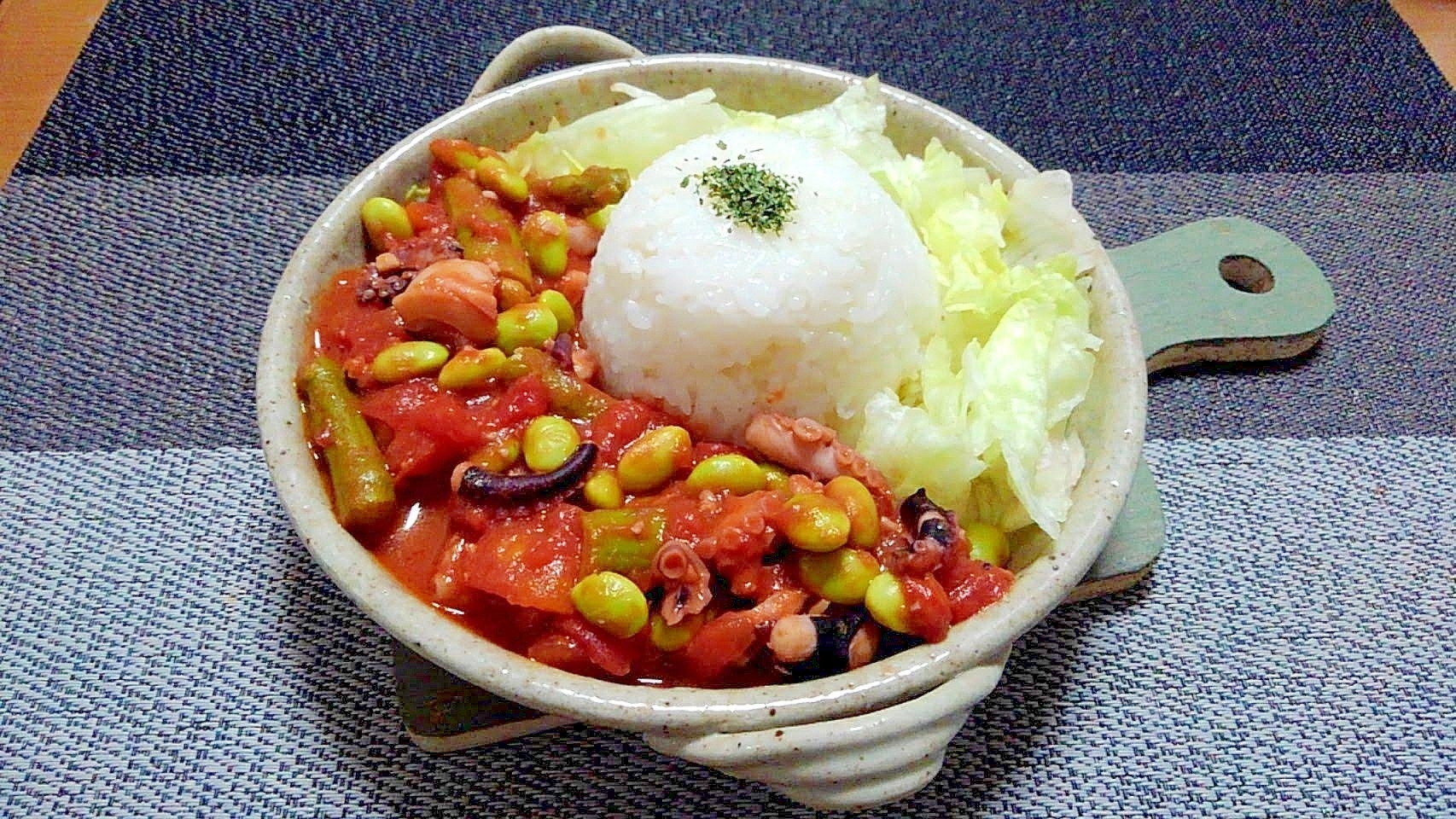 タコと枝豆とアスパラの辛トマトソース煮込みプレート レシピ 作り方 By かんたんれぴこ 楽天レシピ