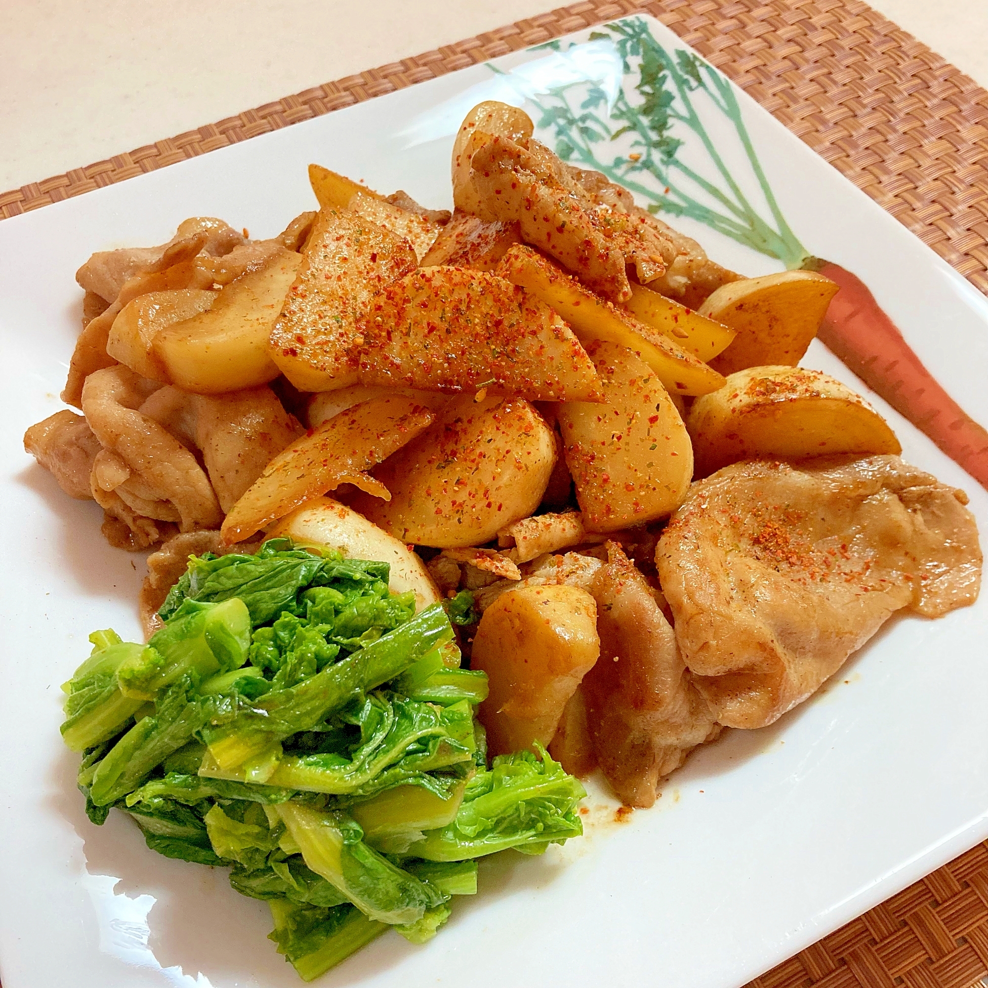 カブと豚肉の甘辛胡麻油炒め！菜の花添え