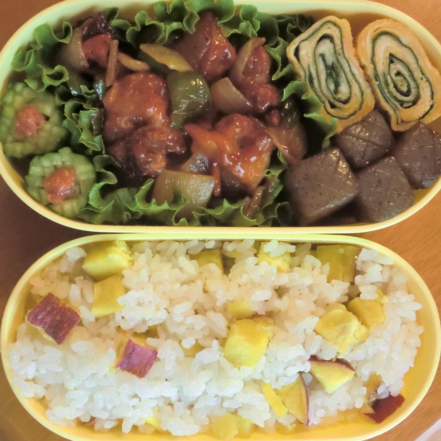 こどものお弁当 さつまいもごはん 鶏唐酢豚風 レシピ 作り方 By R Chibico 楽天レシピ