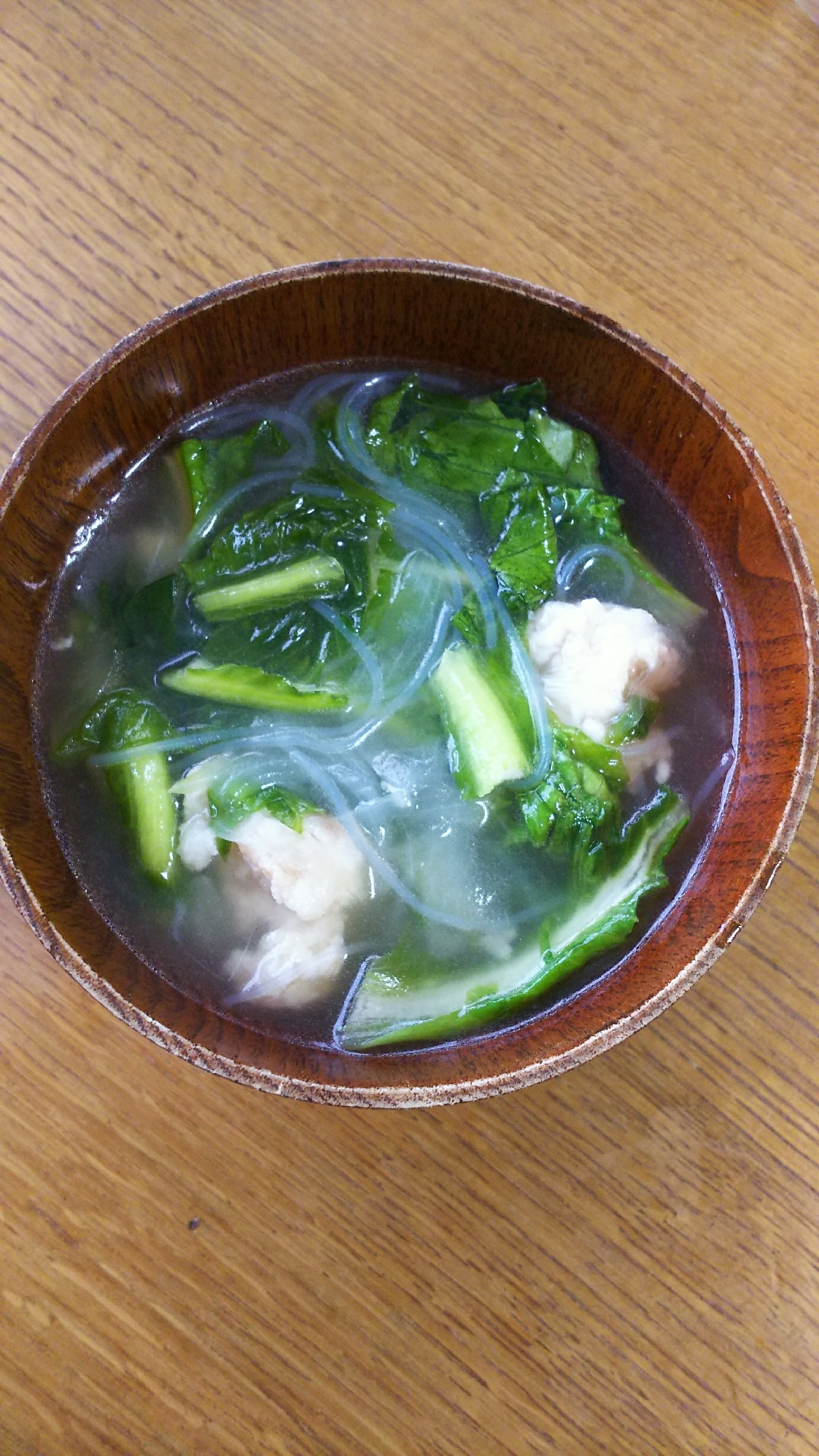 サラダ菜と鶏団子と春雨のスープ