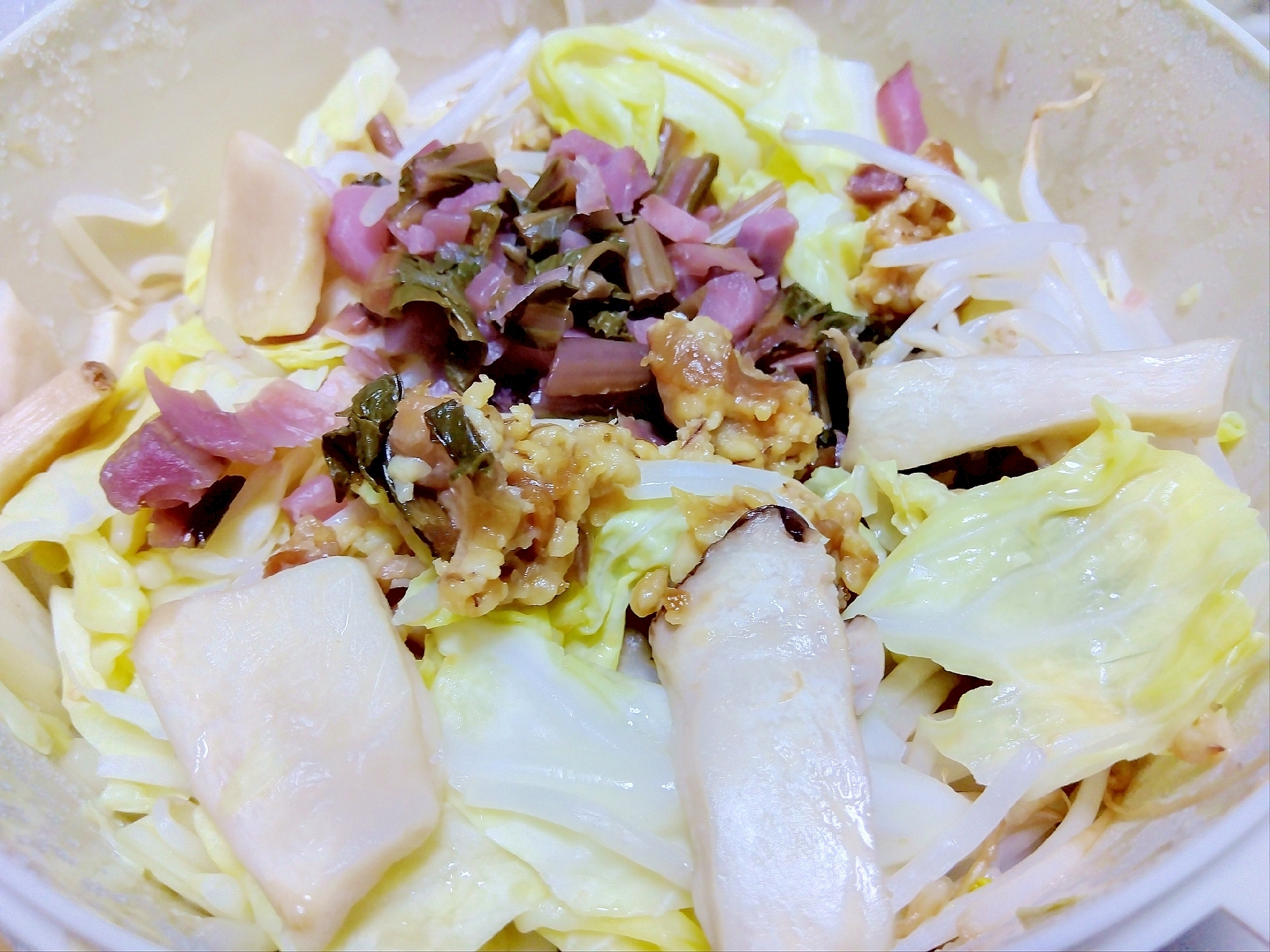 キャベツもやしエリンギのレンチン金山寺味噌和え