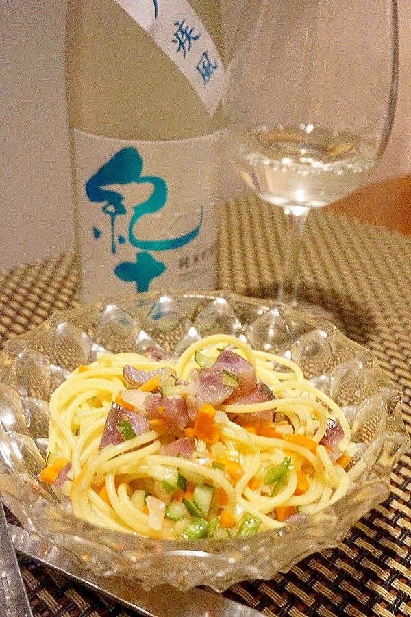 ワインに日本酒に、鰯の冷製パスタ、ラビゴット風