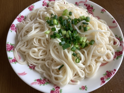 ネギたっぷり、サバの味噌煮入そうめんいため
