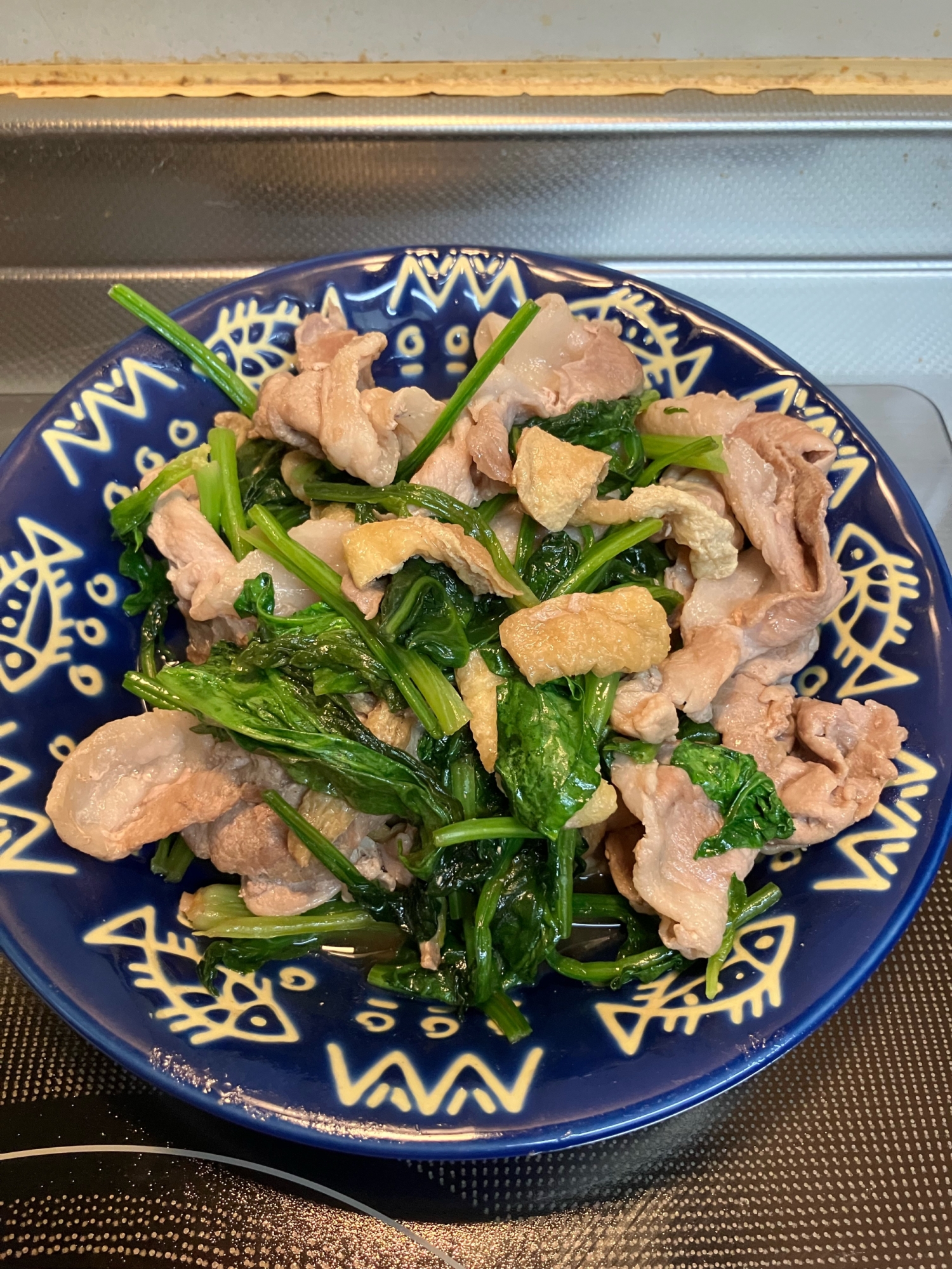 豚肉とほうれん草と油揚げの和風炒め^_^