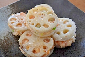 FPで簡単 しゃきっぷりっ!!えびの蓮根挟み焼き