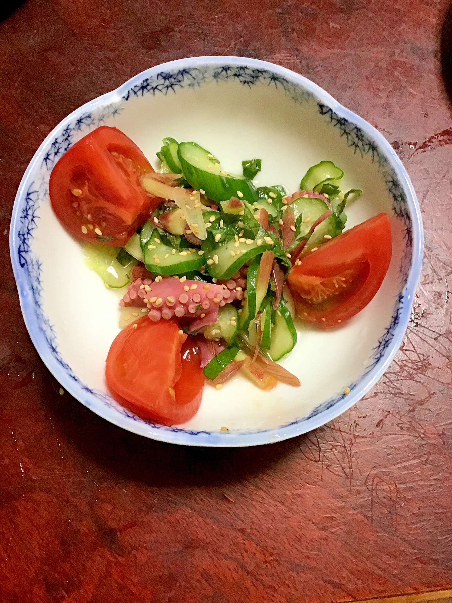 茹でタコと胡瓜とミョウガと青じそとトマトの酢の物