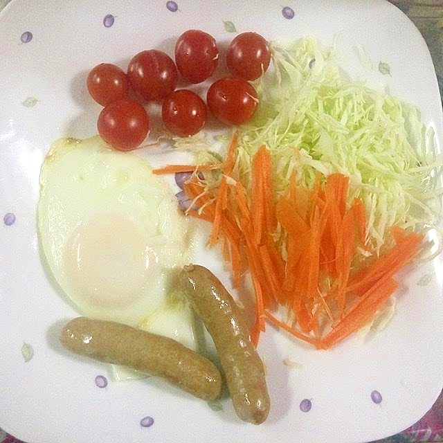 目玉焼きと千切り野菜の朝食