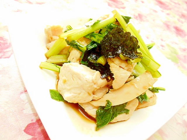 黒酢めんつゆde❤小松菜と蒸し鶏と韓国海苔の和え物