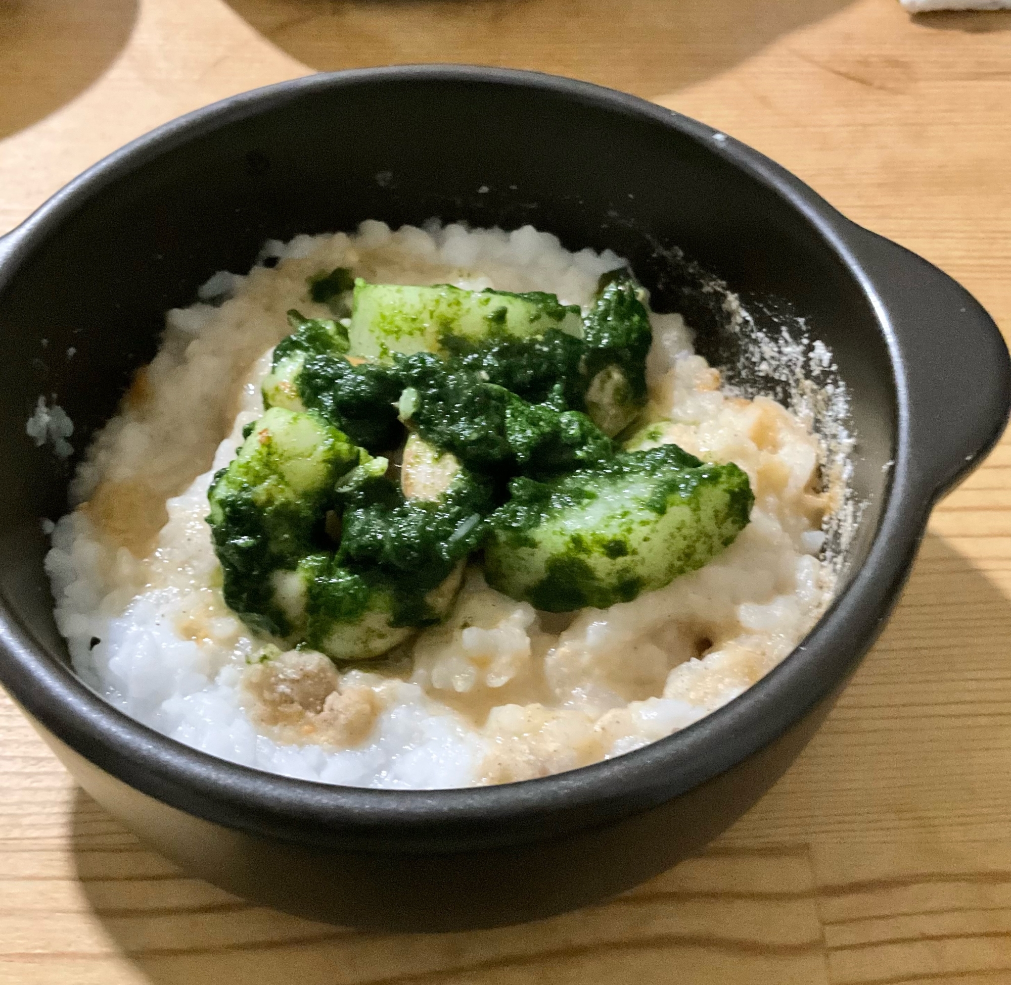 海老長芋裏ごしほうれん草乗せ♢蕎麦粉入りおじや