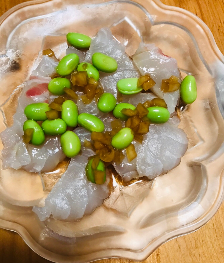 玉ねぎポン酢で枝豆と鯛のカルパッチョ