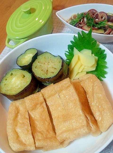 油揚げのサクサクとトロッと茄子・自家製薬味タレで☆