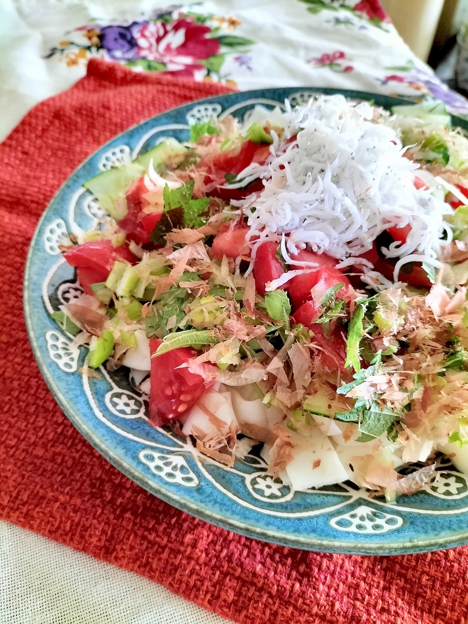 しらすと夏野菜の冷やしひもかわうどん♪