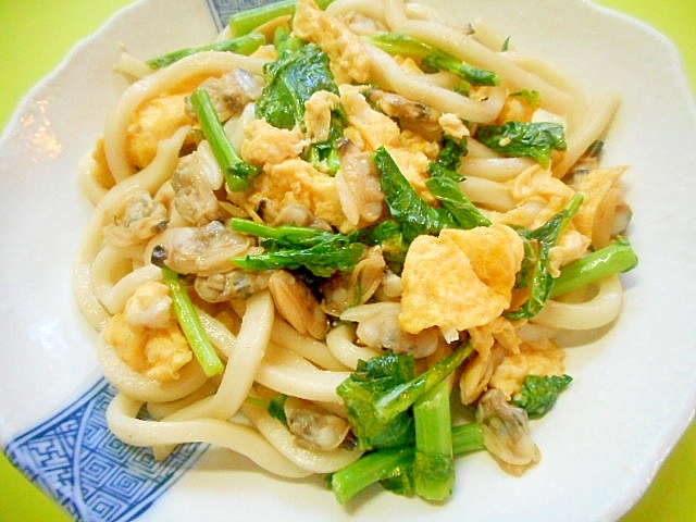 あさりと菜の花卵の焼きうどん