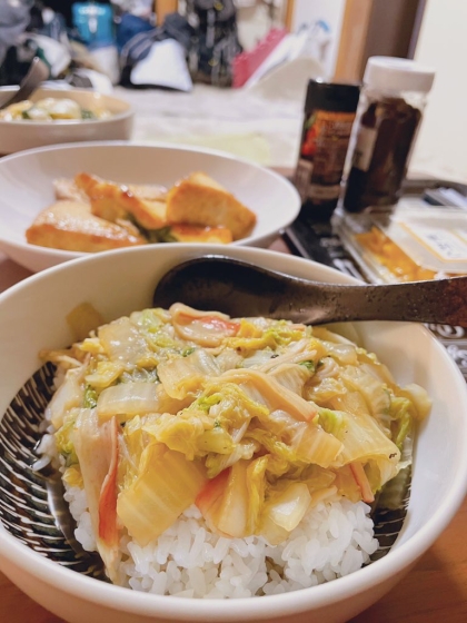 カニカマを入れて丼物にしました！とっても美味しくて簡単に作れました！白菜が安くなる時期の定番にします！