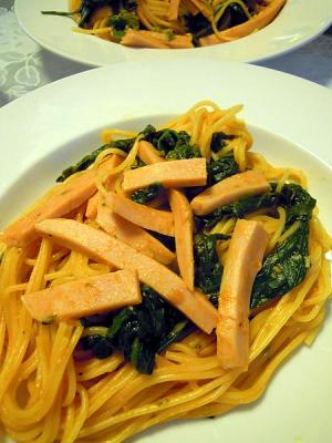 魚肉ソーセージとホウレン草のナポリタンスパゲッティ