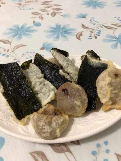 味付け海苔と　しいたけを天ぷらにしました。
海苔は　揚げたてパリパリで　美味しかったです。