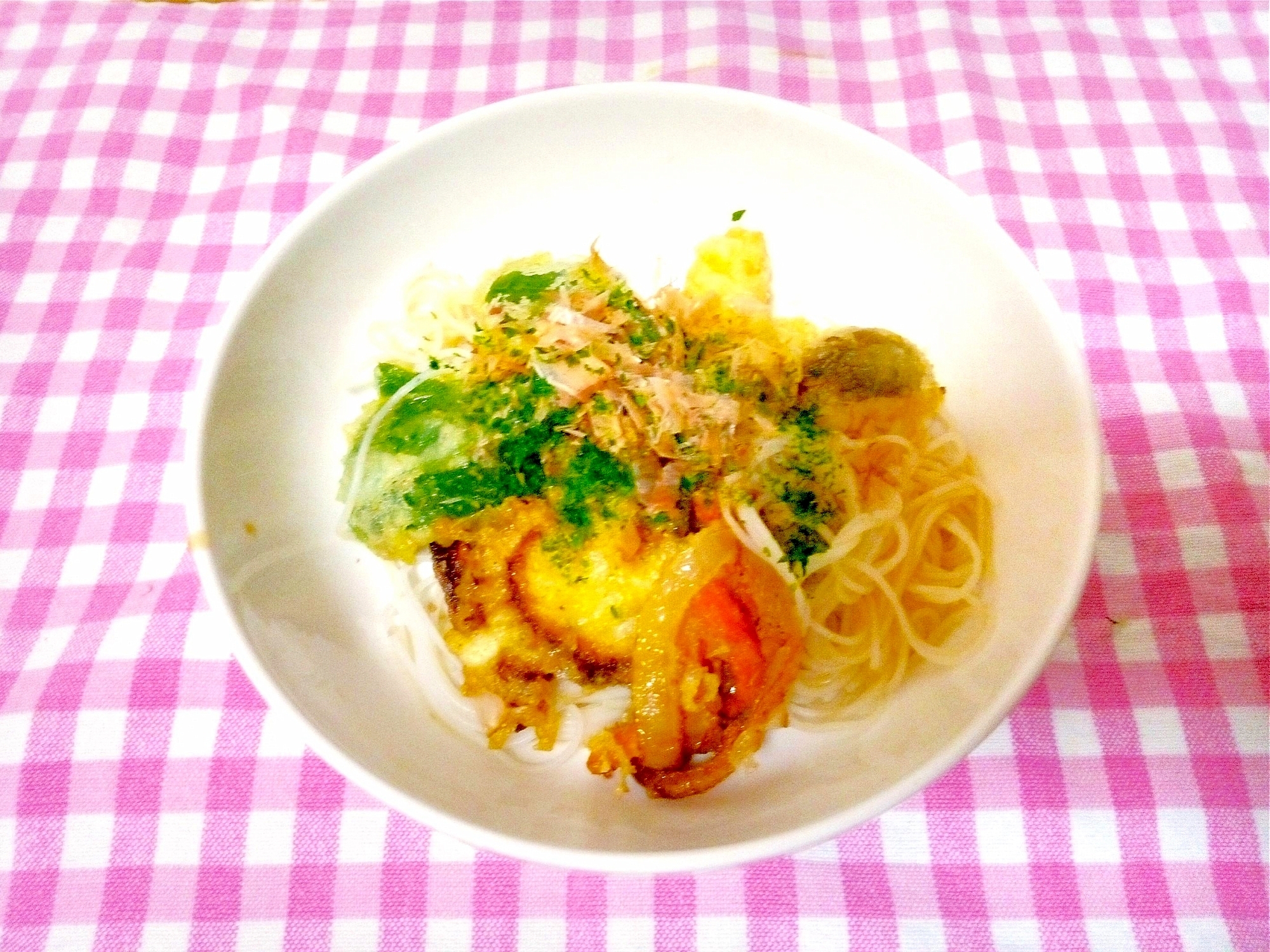 あっさり甘酢で♪天ぷらのっけビーフン