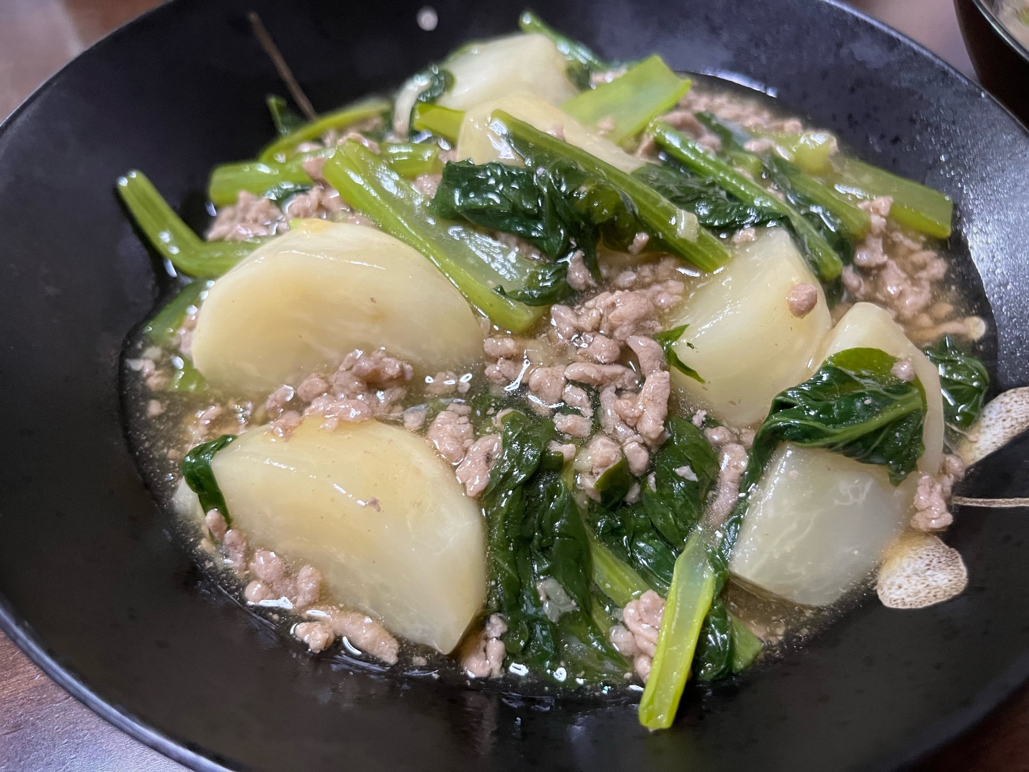 かぶと小松菜のひき肉あんかけ