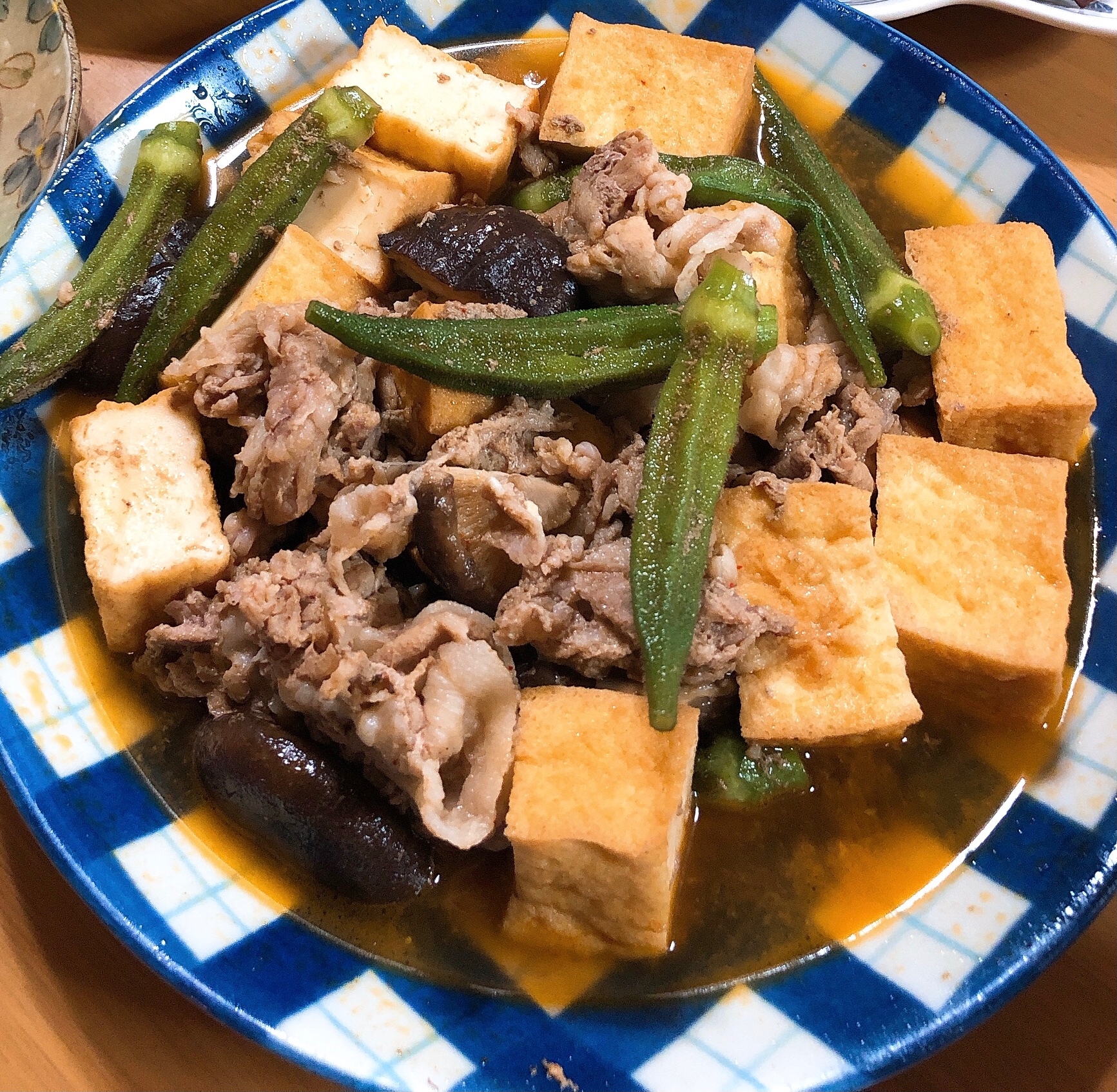 豚こま肉と絹揚げオクラの甘辛煮