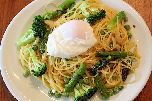 ポーチドエッグのせ・グリーン野菜のぺペロンチーノ レシピ・作り方 by