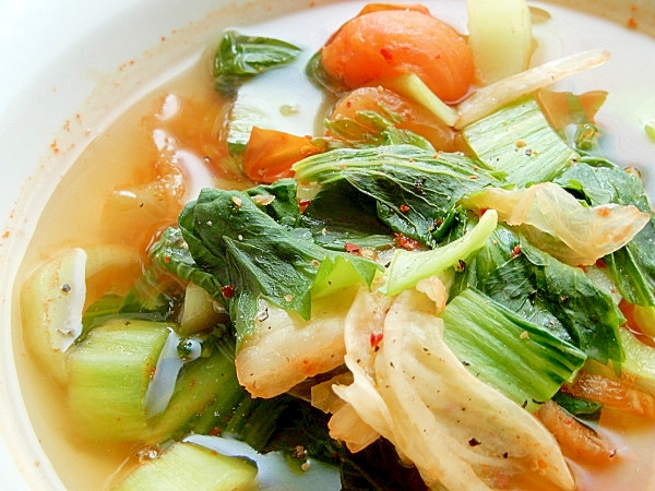 ５分！？セロリ葉とチンゲン菜❤中華キムチスープ♪