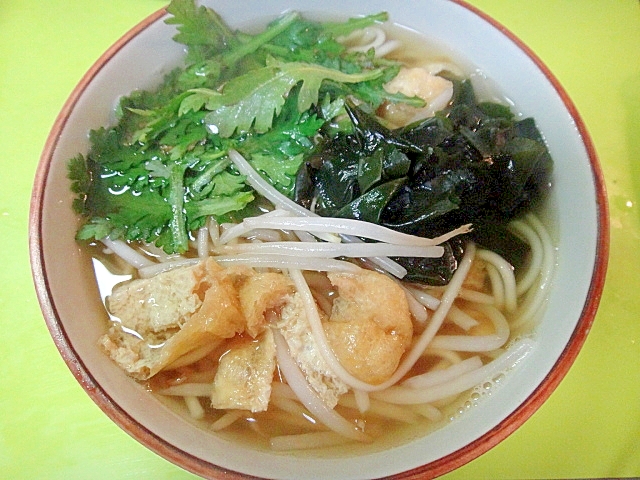 もやしとわかめ春菊のうどん