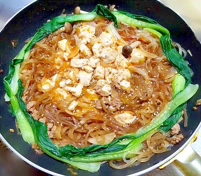 麻婆豆腐＆春雨☆青梗菜やしめじを添えて