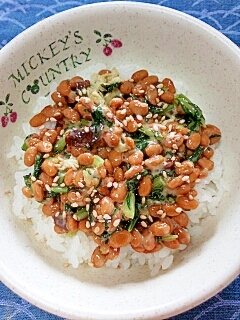 納豆の食べ方-梅＆大根葉炒め♪