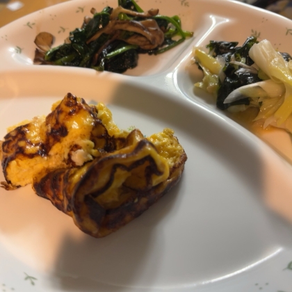 豚肉とほうれん草とキノコのバタぽん酢炒め