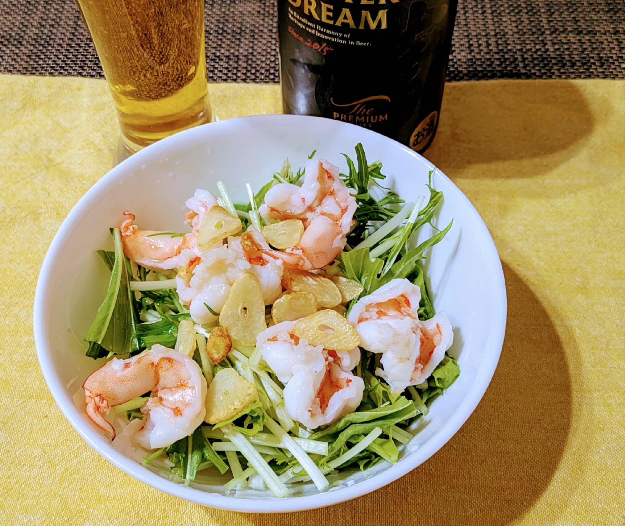 【副菜】水菜と海老のガーリックオイルサラダ