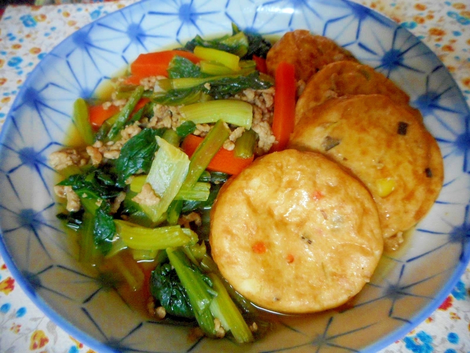 ひき肉と小松菜とがんもどきの煮物