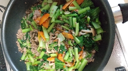 豚ひき肉と白菜と小松菜のオイスターソース煮