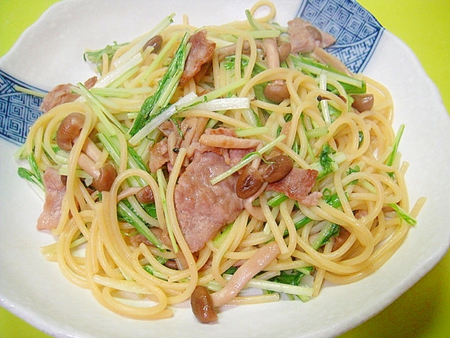 水菜としめじ豚肉の和風パスタ