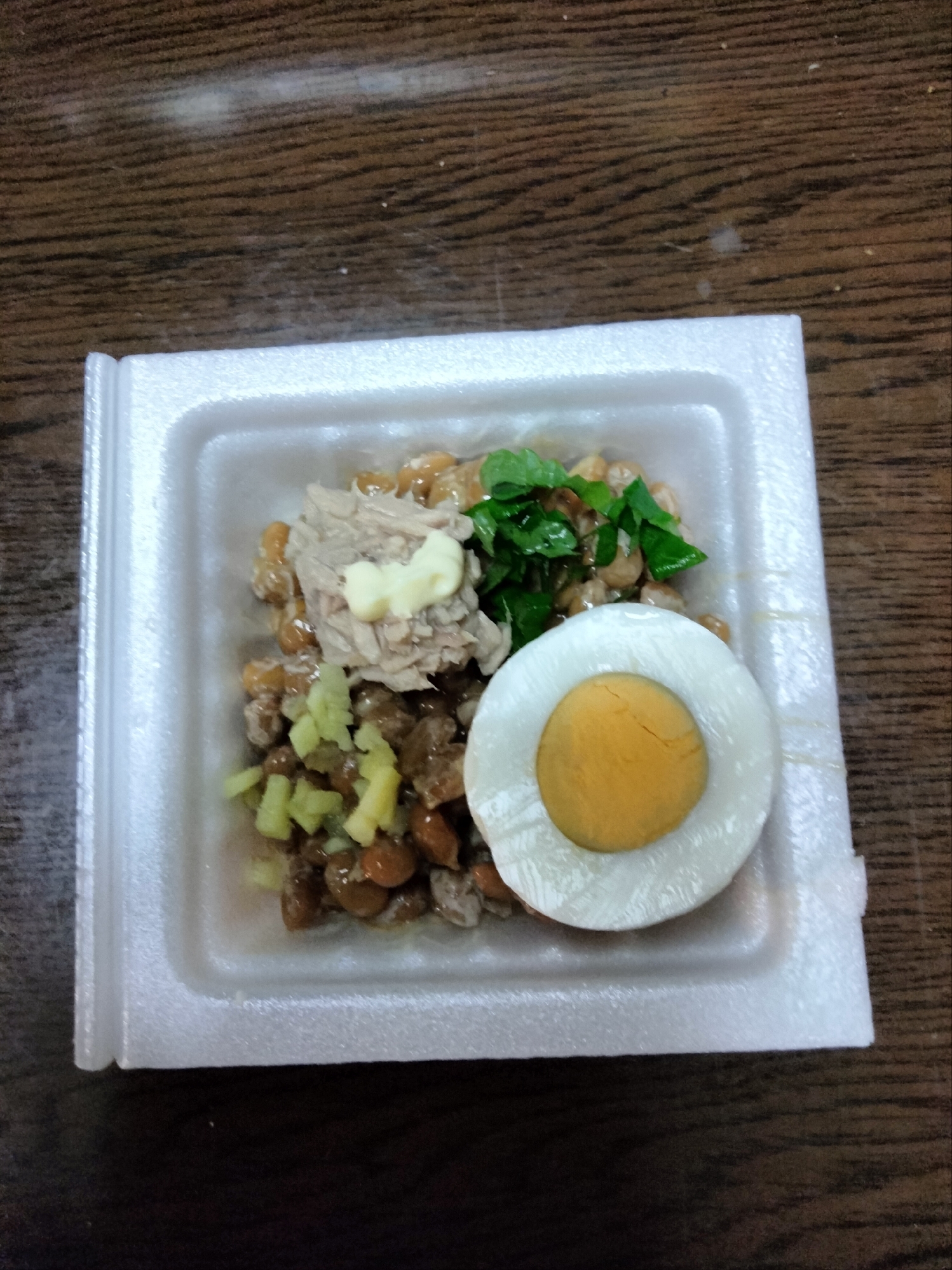 納豆アレンジ ゆで卵大葉生姜ツナマヨ