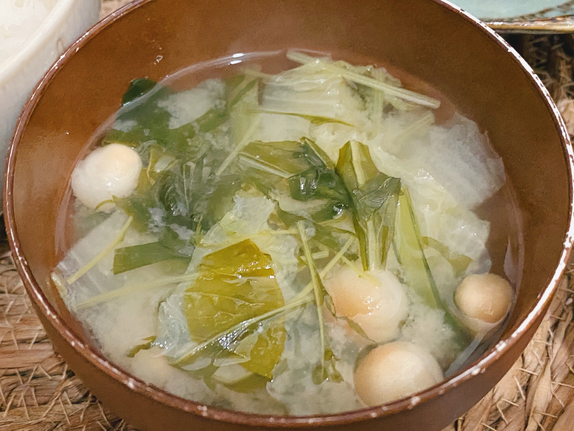 ｡*◇お麩と水菜の味噌汁◇*。