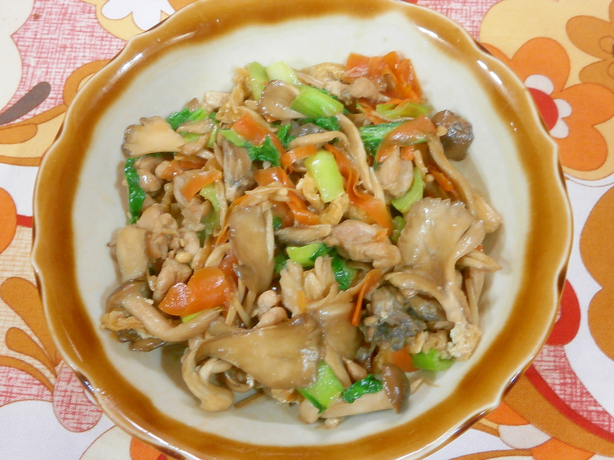 鶏肉・きのこ・チンゲン菜の炒め物