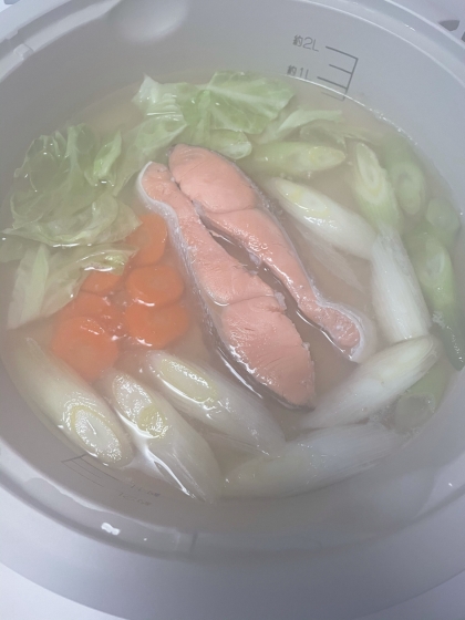生姜が香る♪土鍋で簡単一人鍋♪鮭と白菜と長ネギの鍋