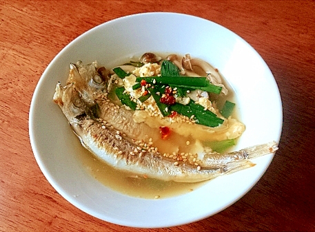 子持ちししゃものニラ玉中華スープ