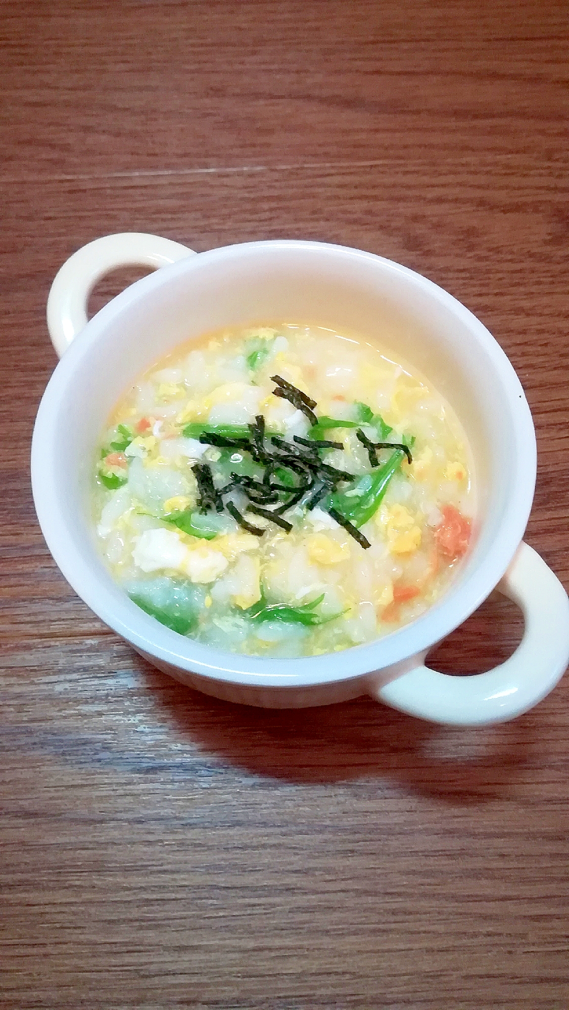 彩り華やか☆鮭フレークと水菜の卵雑炊