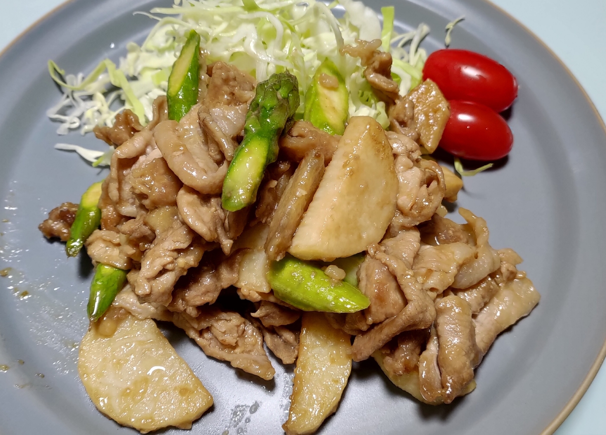 豚肉と長芋とアスパラの照りマヨ焼き