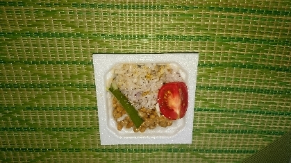 ジョンちゃん(o^ O^)シ彡☆家族にカレーごはん風納豆✨きゅうりはカットしていた物、トマトはへたをとって保存したものでちょっと違うけども美味しかったようです✨