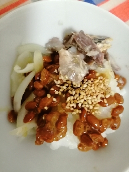 朝食にご飯にのせて食べました♫鯖缶と玉ねぎと納豆が合っていて美味しかったです(⁠.⁠ ⁠❛⁠ ⁠ᴗ⁠ ⁠❛⁠.⁠)