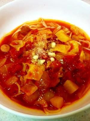 ミネストローネ風トマトスープのパスタ