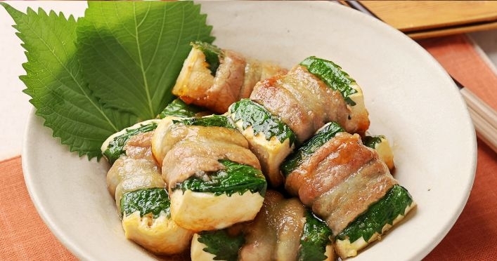 【主菜】豆腐の豚肉しそ巻き煮