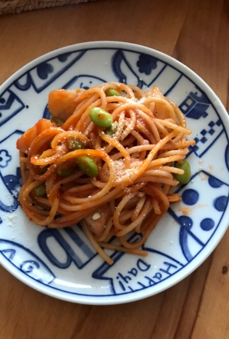 じゃがいもと枝豆のケチャップパスタ