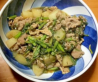 豚肉と春菊と大根の炒め煮