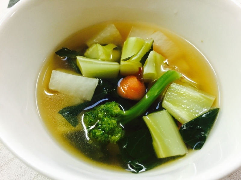 ブロッコリーの芯&根菜&小松菜の和風コンソメスープ